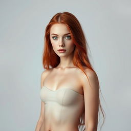 A full-body portrait of an 18-year-old woman with fair skin, striking red hair, and vibrant green eyes