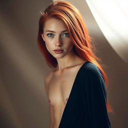 A full-body portrait of an 18-year-old woman with fair skin, striking red hair, and vibrant green eyes