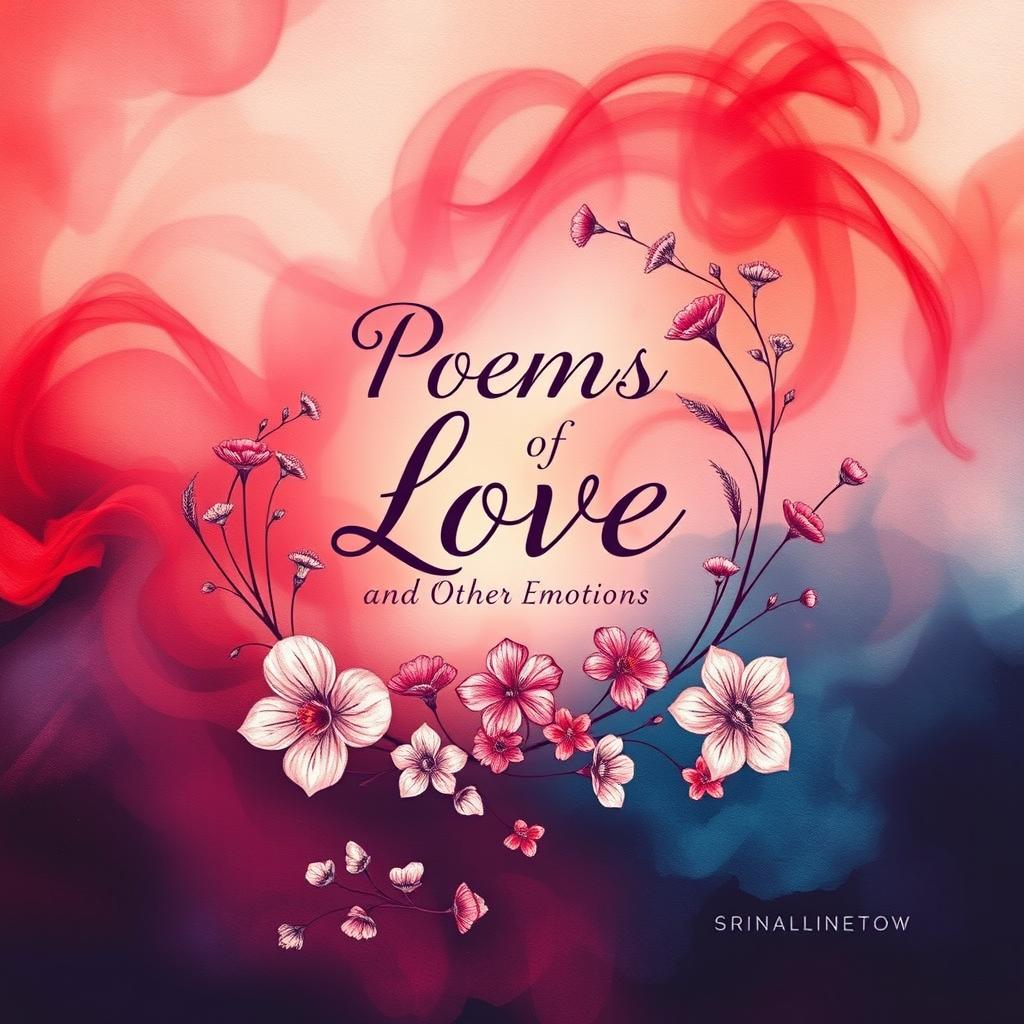 A beautiful and evocative poetry book cover design for a book titled 'Poems of Love and Other Emotions', showcasing a vibrant and artistic blend of colors