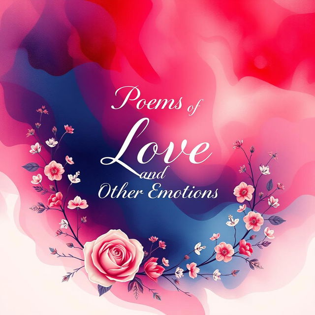 A beautiful and evocative poetry book cover design for a book titled 'Poems of Love and Other Emotions', showcasing a vibrant and artistic blend of colors