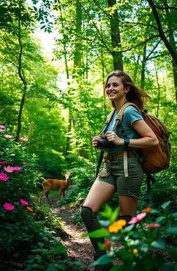 A thrilling adventure scene featuring a brave young woman, dressed in stylish outdoor gear, exploring a lush green forest filled with towering trees and vibrant flowers