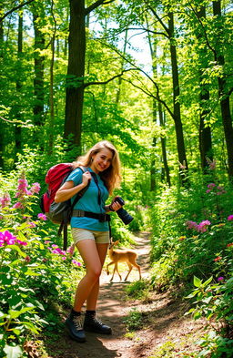 A thrilling adventure scene featuring a brave young woman, dressed in stylish outdoor gear, exploring a lush green forest filled with towering trees and vibrant flowers