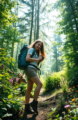 A thrilling adventure scene featuring a brave young woman, dressed in stylish outdoor gear, exploring a lush green forest filled with towering trees and vibrant flowers