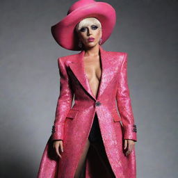 Gender swapped version of Lady Gaga. A stylish, flamboyant man with her signature dramatic outfits and stage presence.