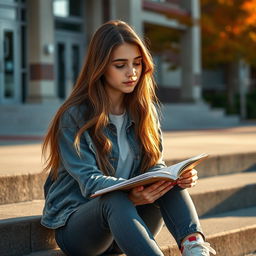 A realistic portrait of a female teenager sitting on the steps of a school, lost in thought while doodling in a sketchbook