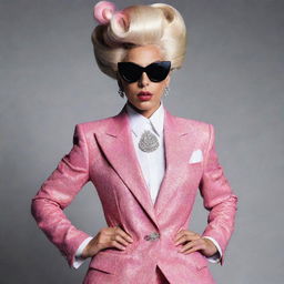 Gender swapped version of Lady Gaga. A stylish, flamboyant man with her signature dramatic outfits and stage presence.