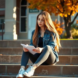 A realistic portrait of a female teenager sitting on the steps of a school, lost in thought while doodling in a sketchbook