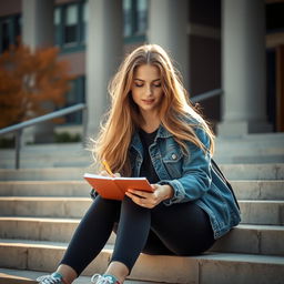 A realistic portrait of a female teenager sitting on the steps of a school, lost in thought while doodling in a sketchbook