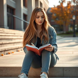 A realistic portrait of a female teenager sitting on the steps of a school, lost in thought while doodling in a sketchbook