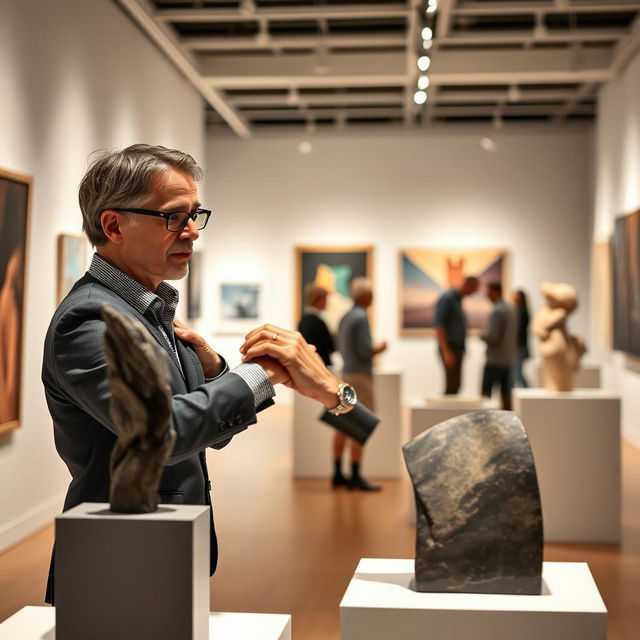 A realistic scene of a museum worker organizing an art exhibition in a contemporary art museum