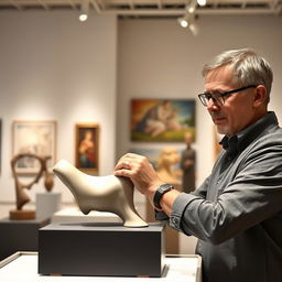 A realistic scene of a museum worker organizing an art exhibition in a contemporary art museum