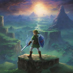 A vivid and dynamic scene from The Legend of Zelda, featuring the iconic character, Link, with his sword, amidst a verdant fantasy landscape, bathed under twilight skies.