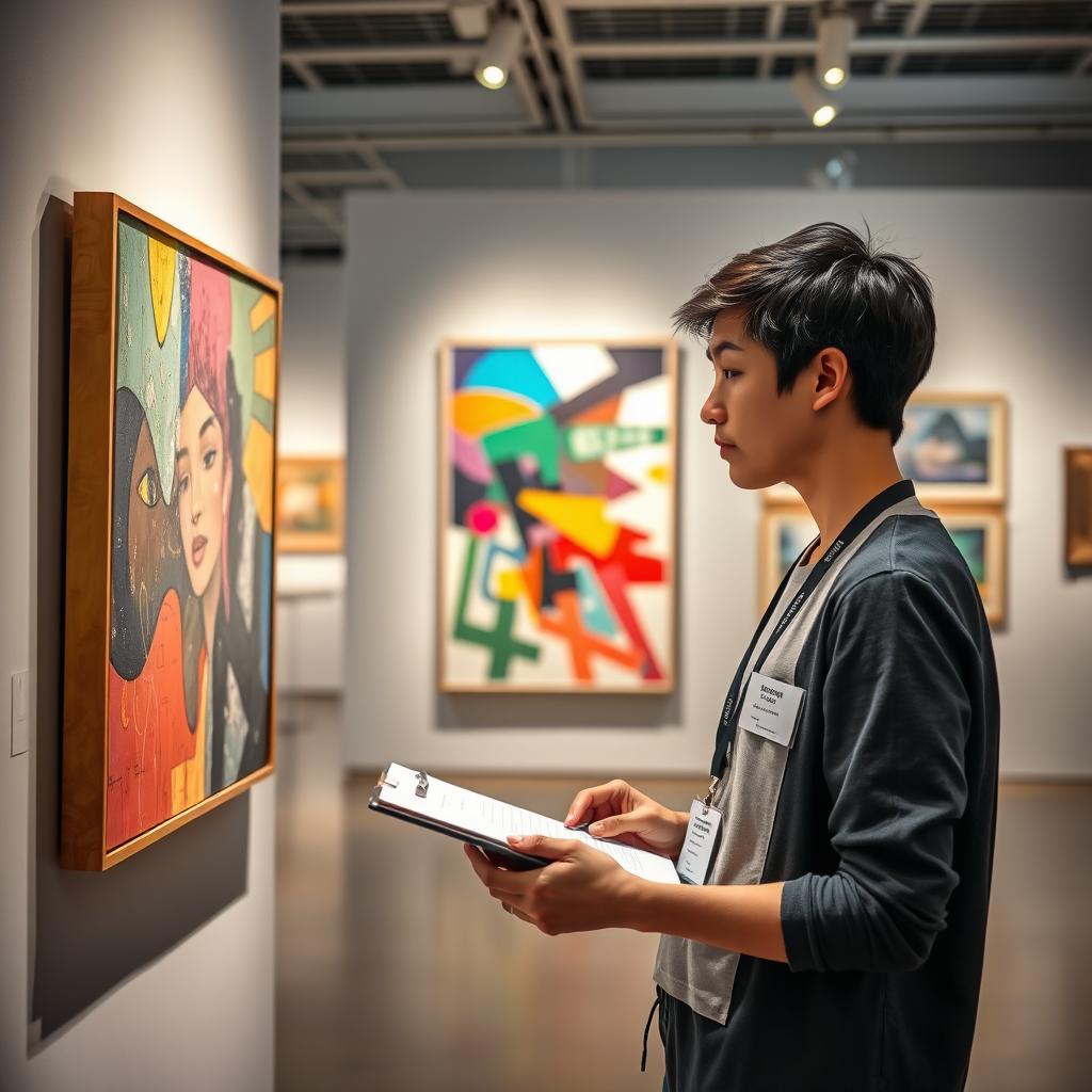 A realistic scene depicting a museum worker in a modern art museum, carefully examining a vibrant abstract painting while taking notes on a clipboard