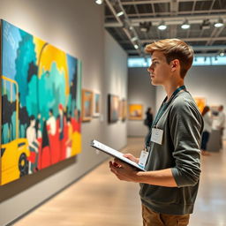 A realistic scene depicting a museum worker in a modern art museum, carefully examining a vibrant abstract painting while taking notes on a clipboard