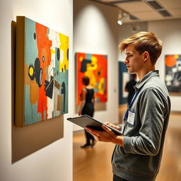 A realistic scene depicting a museum worker in a modern art museum, carefully examining a vibrant abstract painting while taking notes on a clipboard