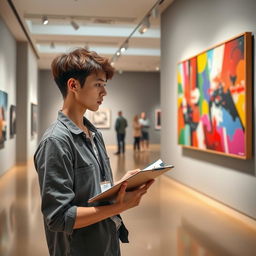 A realistic scene depicting a museum worker in a modern art museum, carefully examining a vibrant abstract painting while taking notes on a clipboard