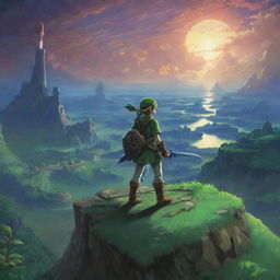 A vivid and dynamic scene from The Legend of Zelda, featuring the iconic character, Link, with his sword, amidst a verdant fantasy landscape, bathed under twilight skies.