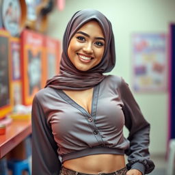 A confident woman wearing a stylish hijab, with a playful and flirty smile