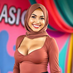 A confident woman wearing a stylish hijab, with a playful and flirty smile