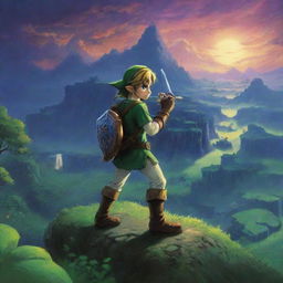 A vivid and dynamic scene from The Legend of Zelda, featuring the iconic character, Link, with his sword, amidst a verdant fantasy landscape, bathed under twilight skies.