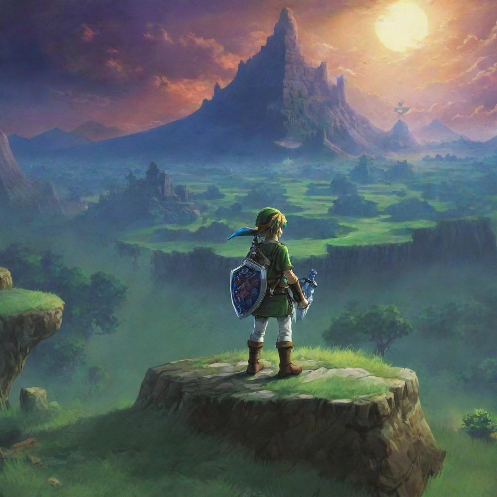 A vivid and dynamic scene from The Legend of Zelda, featuring the iconic character, Link, with his sword, amidst a verdant fantasy landscape, bathed under twilight skies.