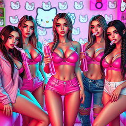 A vibrant scene featuring a group of pretty IMVU girls envisioned as humans, each portrayed as grown sexy women hanging out together