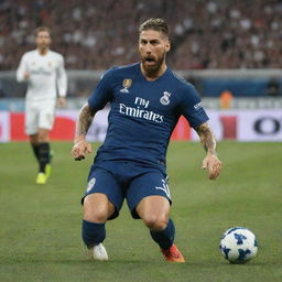 Sergio Ramos, a legendary footballer, executing a perfect slide tackle with intense focus and precision during a high-stakes game.