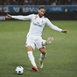 Sergio Ramos, a legendary footballer, executing a perfect slide tackle with intense focus and precision during a high-stakes game.