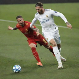 Sergio Ramos, a legendary footballer, executing a perfect slide tackle with intense focus and precision during a high-stakes game.