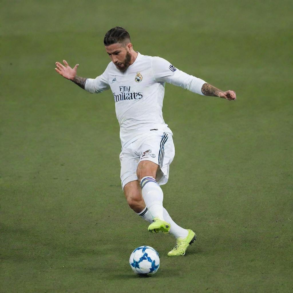 Sergio Ramos, a legendary footballer, executing a perfect slide tackle with intense focus and precision during a high-stakes game.