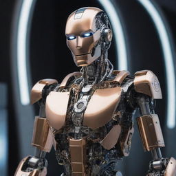 A state-of-the-art robot demonstrating exceptional sophistication, made from rare metals and incorporating revolutionary AI technology, against a futuristic background, warranting its unprecedented $100,000,000,000 value.