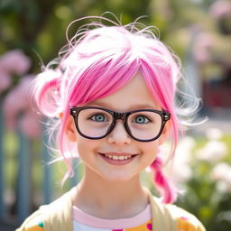 A cute girl with vibrant pink hair wearing stylish glasses