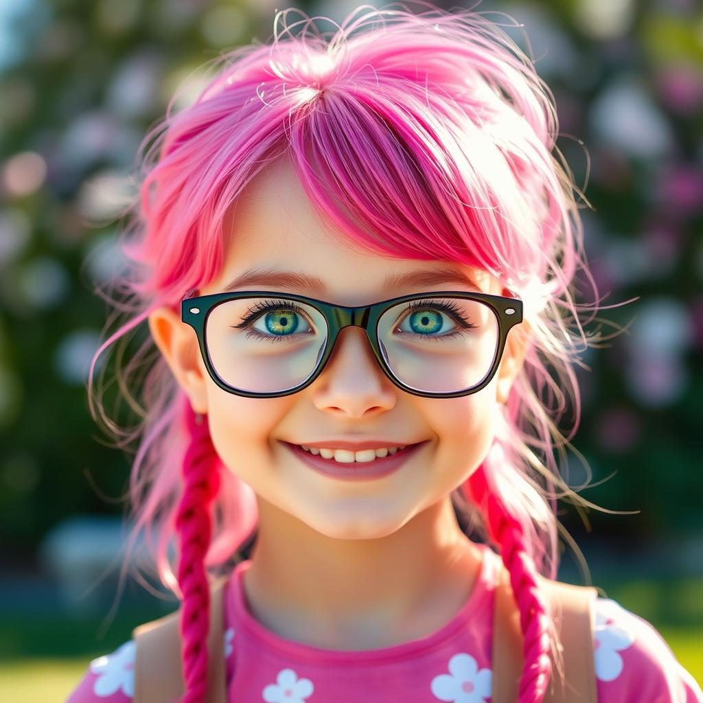 A cute girl with vibrant pink hair wearing stylish glasses