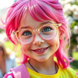 A cute girl with vibrant pink hair wearing stylish glasses