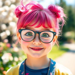 A cute girl with vibrant pink hair wearing stylish glasses