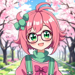 A cute anime girl with vibrant pink hair styled in a playful manner, wearing stylish glasses