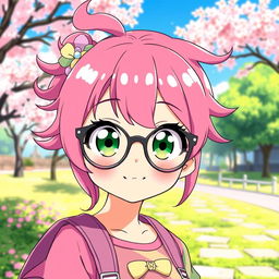 A cute anime girl with vibrant pink hair styled in a playful manner, wearing stylish glasses