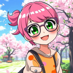 A cute anime girl with vibrant pink hair styled in a playful manner, wearing stylish glasses