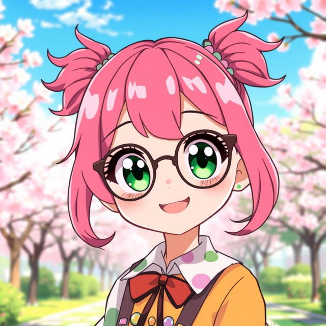 A cute anime girl with vibrant pink hair styled in a playful manner, wearing stylish glasses