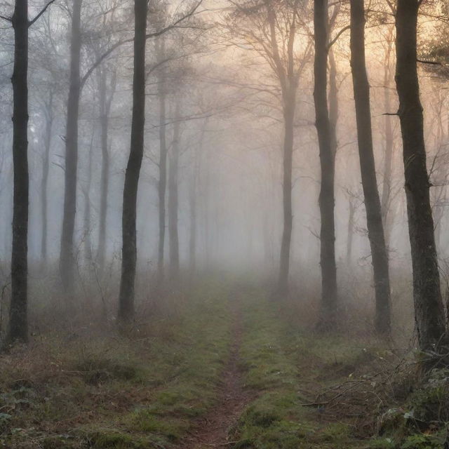 Design a captivating and atmospheric book cover featuring a misty forest at dawn. Natural elements like dew-dropped spiderwebs, a rising sun, and subtle animal shapes hidden in the mist add intrigue.