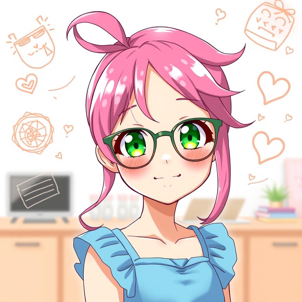 A cute anime girl with vibrant pink hair styled playfully, wearing fashionable glasses