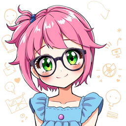 A cute anime girl with vibrant pink hair styled playfully, wearing fashionable glasses