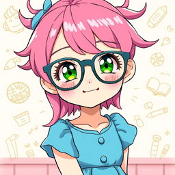 A cute anime girl with vibrant pink hair styled playfully, wearing fashionable glasses