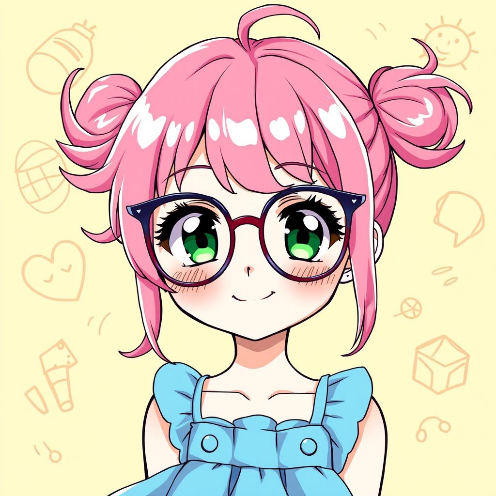 A cute anime girl with vibrant pink hair styled playfully, wearing fashionable glasses