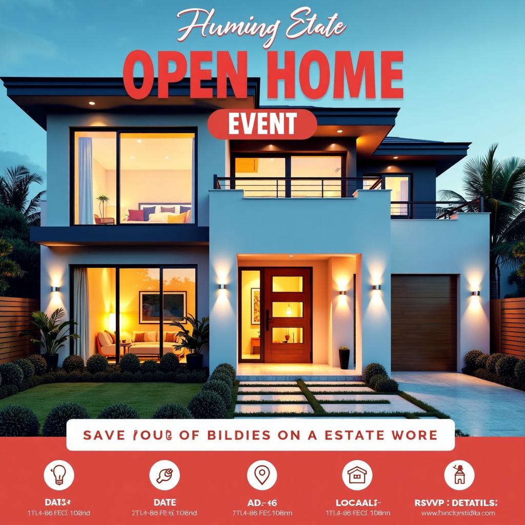 An eye-catching poster for a real estate event featuring an open home theme