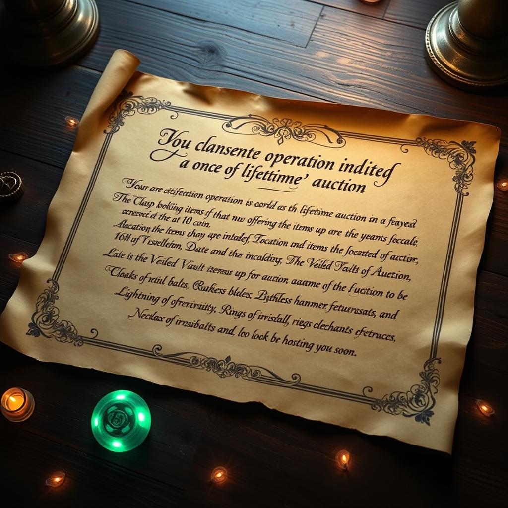 An elegantly designed scroll with ornate borders, featuring the following text in a formal, ancient script: 'Your clandestine operation is cordially invited to attend a once in a lifetime auction