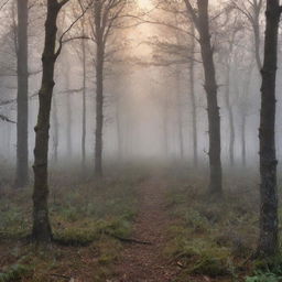 Design a captivating and atmospheric book cover featuring a misty forest at dawn. Natural elements like dew-dropped spiderwebs, a rising sun, and subtle animal shapes hidden in the mist add intrigue.