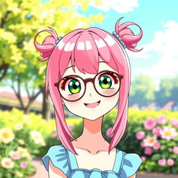 A cute anime girl with vibrant pink hair styled in adorable pigtails (chiquinhas), wearing fashionable glasses