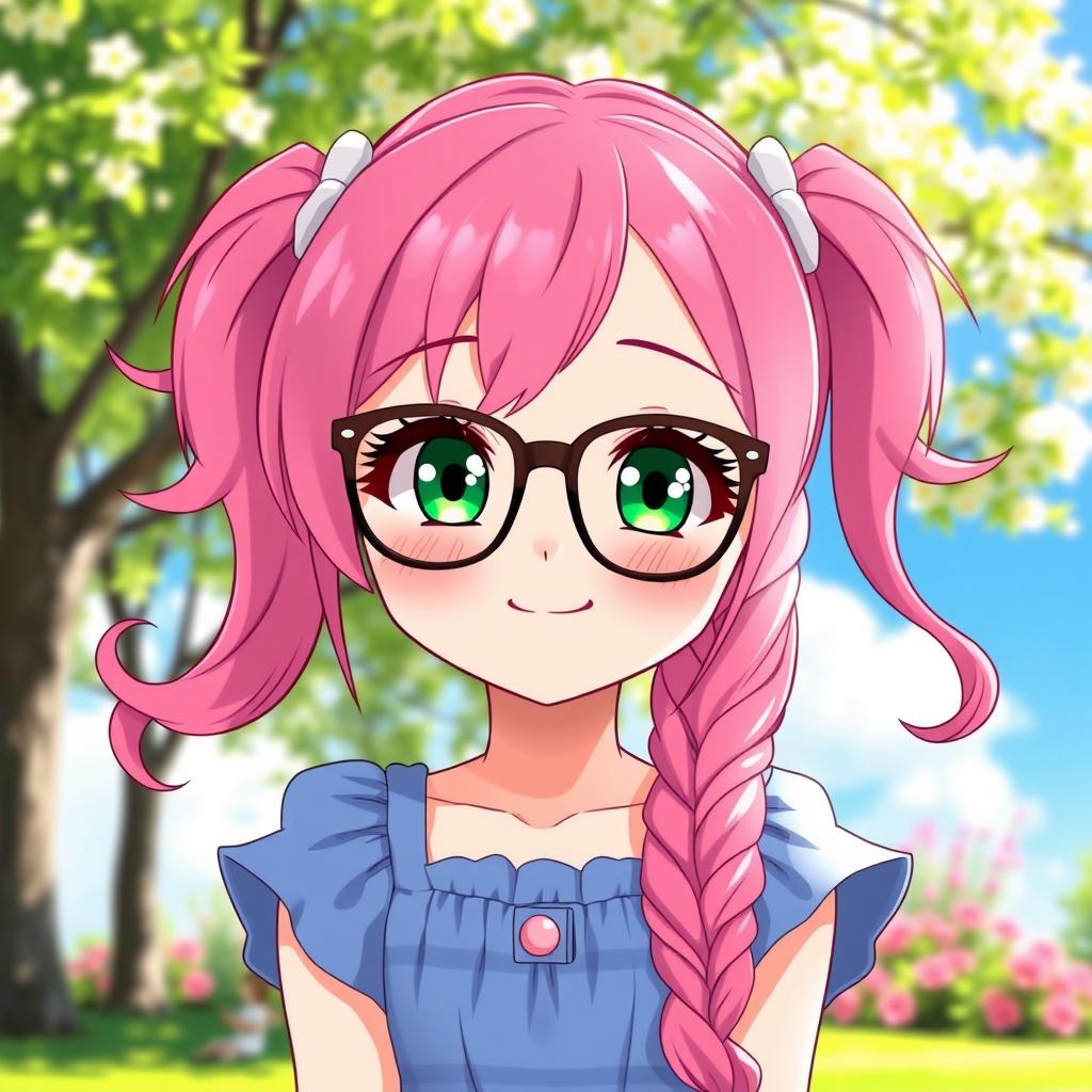 A cute anime girl with vibrant pink hair styled in adorable pigtails (chiquinhas), wearing fashionable glasses