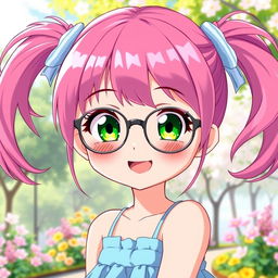 A cute anime girl with vibrant pink hair styled in adorable pigtails (chiquinhas), wearing fashionable glasses